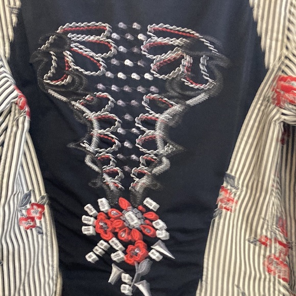 Save the Queen Blazer Womens Large Black White Red Floral Stripe Sheer Stretch - Picture 4 of 15